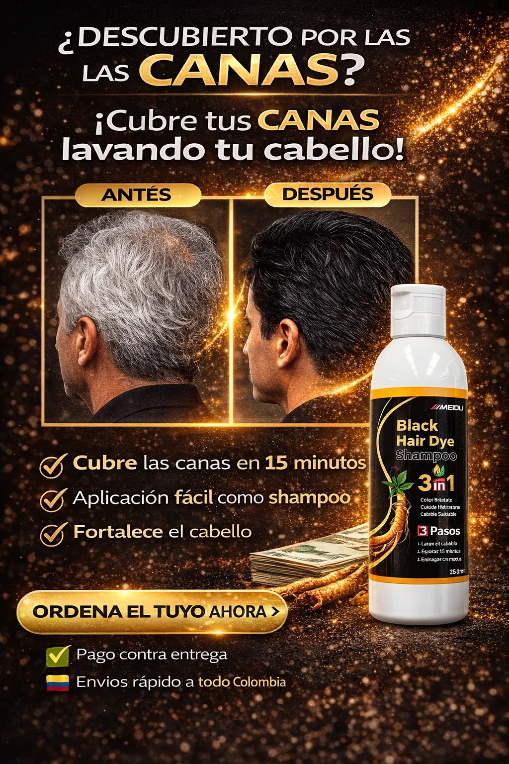 ✨🖤 Shampoo Anti-Canas 3 en 1: Recupera tu color natural en minutos 🧴✨