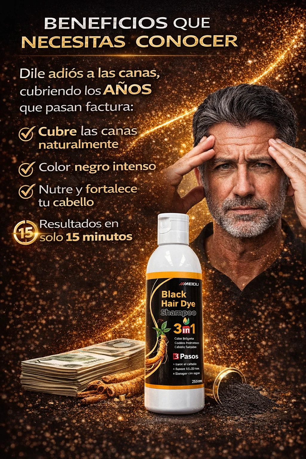 ✨🖤 Shampoo Anti-Canas 3 en 1:  Recupera tu color natural en minutos 🧴✨