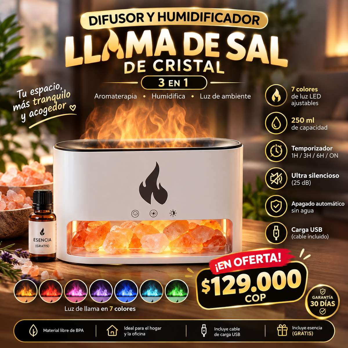🔥✨ DIFUSOR + HUMIDIFICADOR LLAMA DE SAL ✨🔥